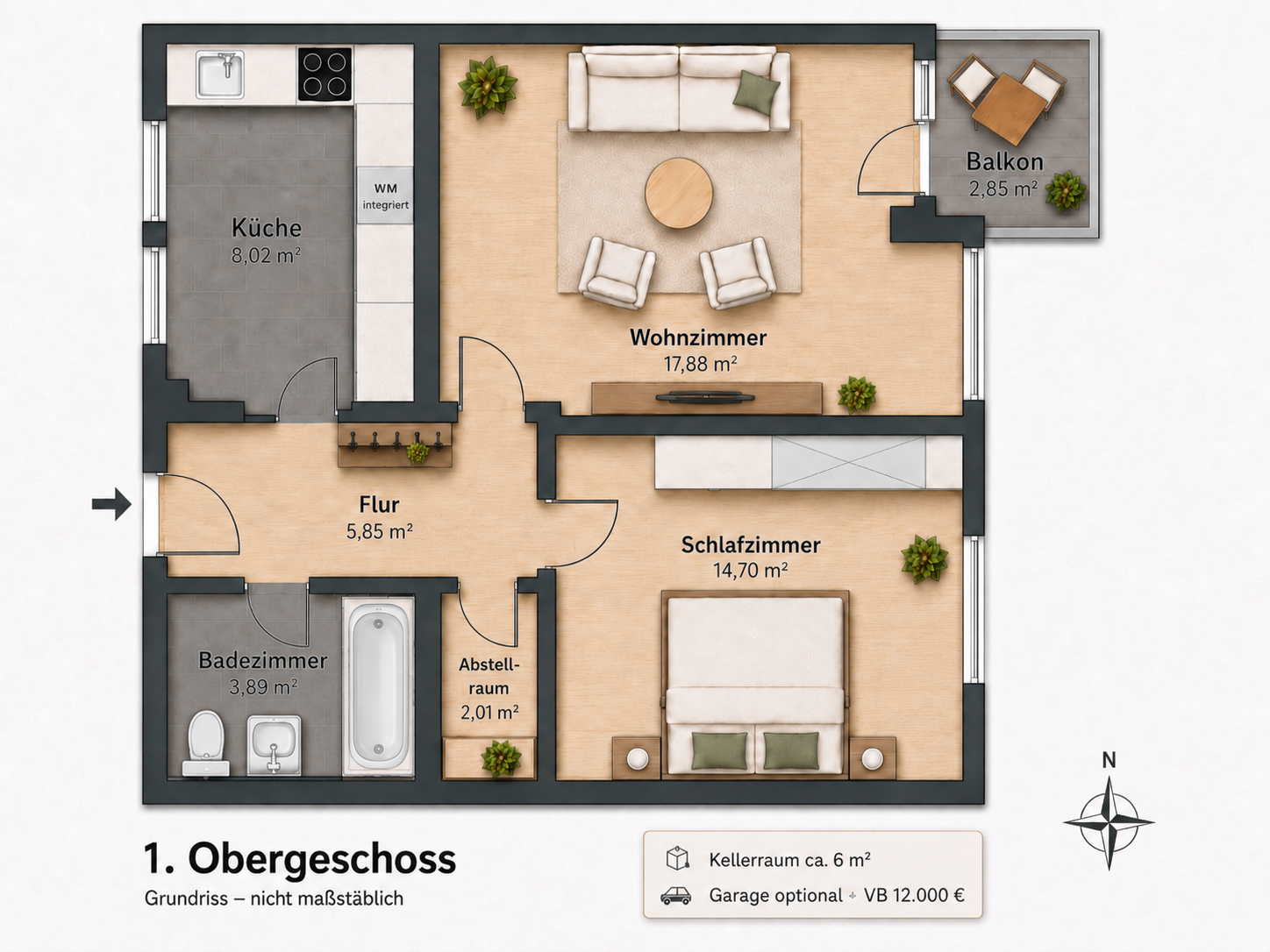 Moderner Grundriss der 2-Zimmer-Wohnung